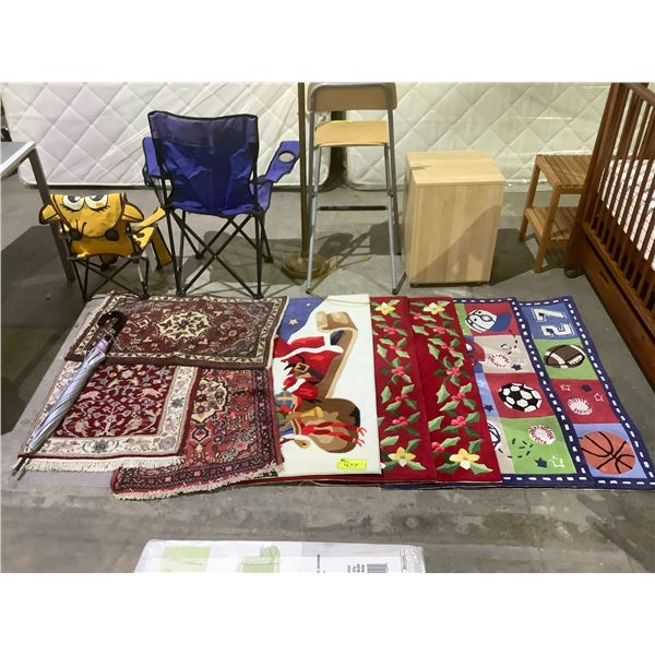 8 ASSORTED FLOOR MATS/AREA RUGS & UMBRELLA