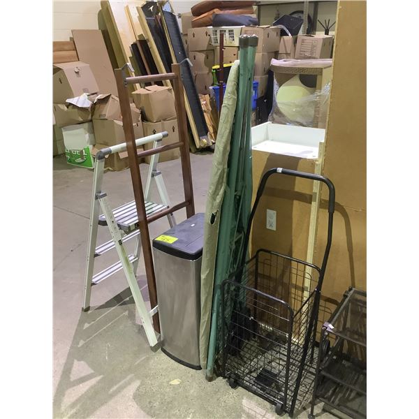 ASSORTED ITEMS INCLUDING; LADDERS, WASTE BIN, IRONING BOARD & FOLDING CART