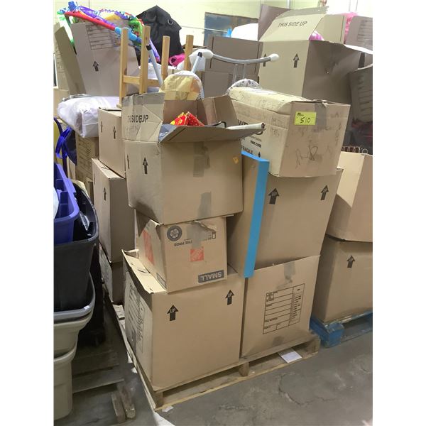 PALLET OF ASSORTED ITEMS INCLUDING; IRONING BOARDS, STOOL, BADMINTON RACKET & MORE