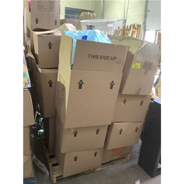 PALLET OF ASSORTED ITEMS INCLUDING; LAUNDRY HAMPER, CUSHIONS, CLOTHES HANGERS & MORE