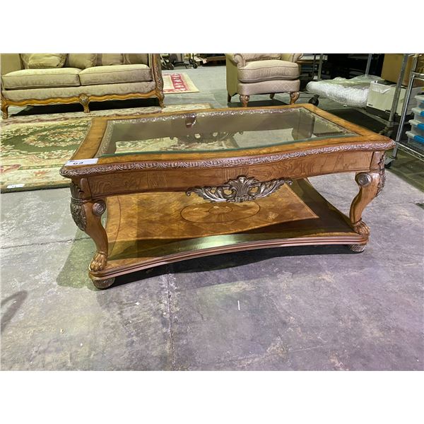 MATCHING COFFEE TABLE AND SIDE TABLE, HEAVILY CARVED WITH INLAID WOOD