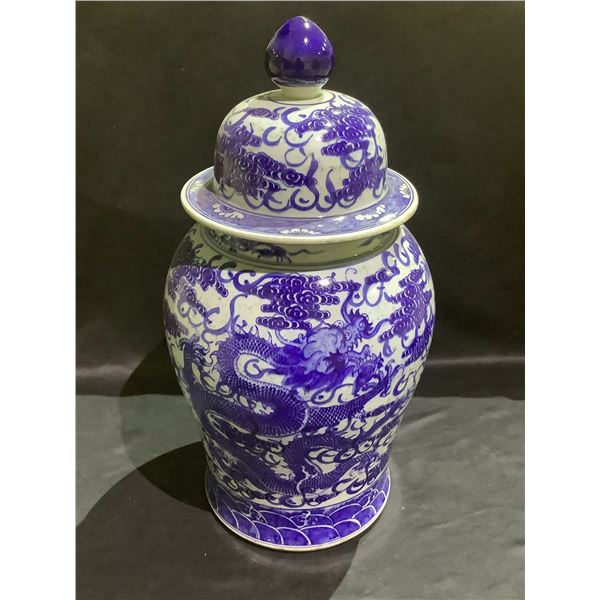 MASSIVE BLUE AND WHITE IMPERIAL DRAGON COVERED GROUND VASE