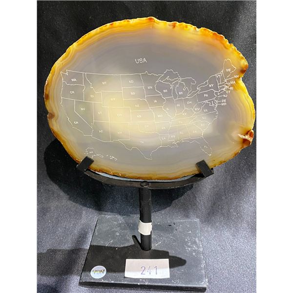 AGATE SLICE WITH MAP OF THE USA ON METAL STAND STONE APPROX 5 X 6  RETAIL $389