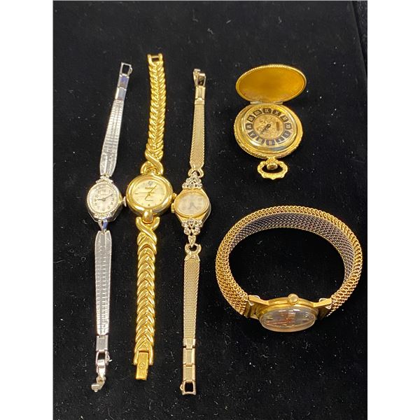 4 WATCHES, BRANDS INCLUDE; ELGIN, CARAVELLE, AND MORE, AND WALTHAM POCKET WATCH