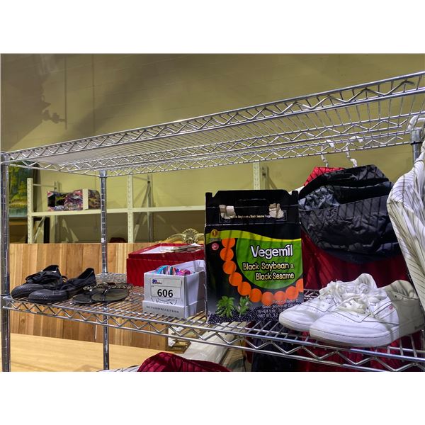 ASSORTED ITEMS INCLUDING; SHOES, VEGEMIL JUICE & ASSORTED CLOTHING