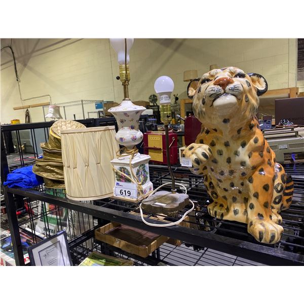 ASSORTED ITEMS INCLUDING; LEOPARD SCULPTURE, TABLE LAMPS, FLOOR LAMP & MORE