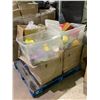 Image 2 : PALLET OF STORAGE LOCKER CONTENTS INCLUDING; BAMBOO PLACEMATS, ASSORTED STORAGE CONTAINERS, COSTUME