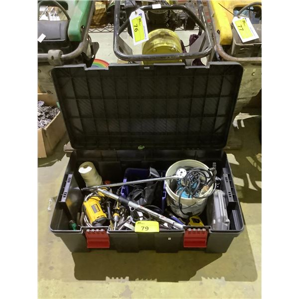 BIN OF ASSORTED TOOLS INCLUDING; DRILL, VARIOUS HAND TOOLS, PUMPS & MORE