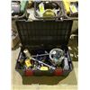 Image 1 : BIN OF ASSORTED TOOLS INCLUDING; DRILL, VARIOUS HAND TOOLS, PUMPS & MORE