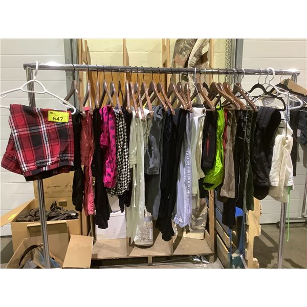 RACK OF ASSORTED CLOTHING INCLUDING; PAJAMA PANTS, SWEAT PANTS, JEANS ...