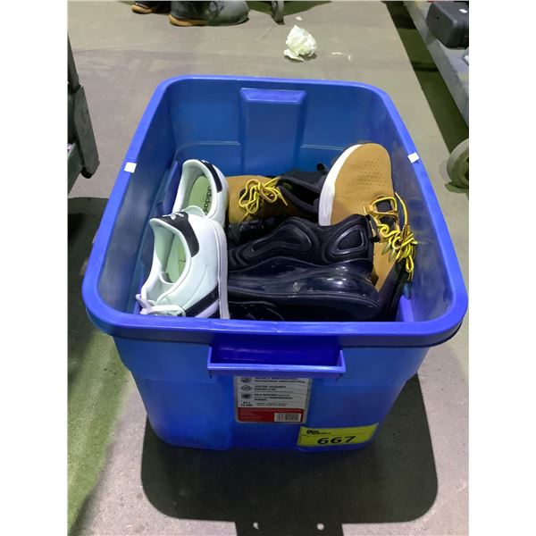 BIN OF ASSORTED SHOES INCLUDING; TIMBERLAND SIZE 9, ADIDAS SIZE 8-1/2, NIKE SIZE 9 & MORE