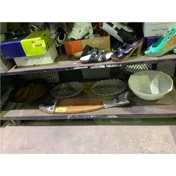 ASSORTED ITEMS INCLUDING; FISH CUTTING BOARD, FRUIT BOWL, LEAF DISHES & MORE