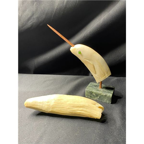 WHALES TOOTH CARVED AS NARWAL AND WHALES TOOTH