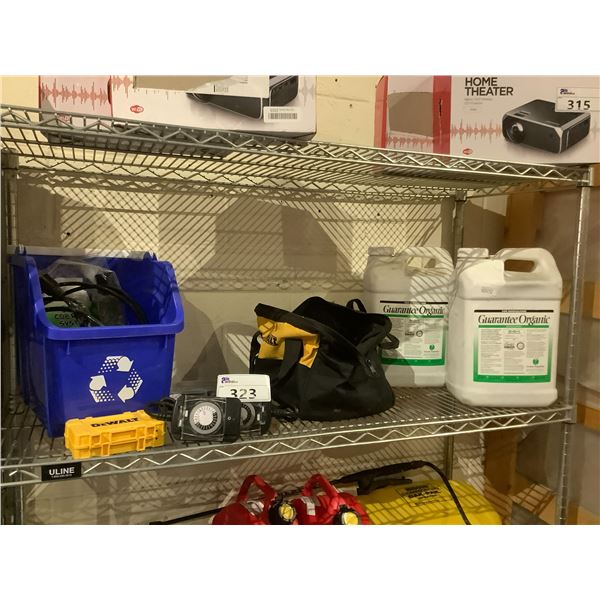 ASSORTED ITEMS INCLUDING; 2 BOTTLES GUARANTEE ORGANIC SEAWEED EXTRACT, DEWALT TOOL BAG, OUTDOOR