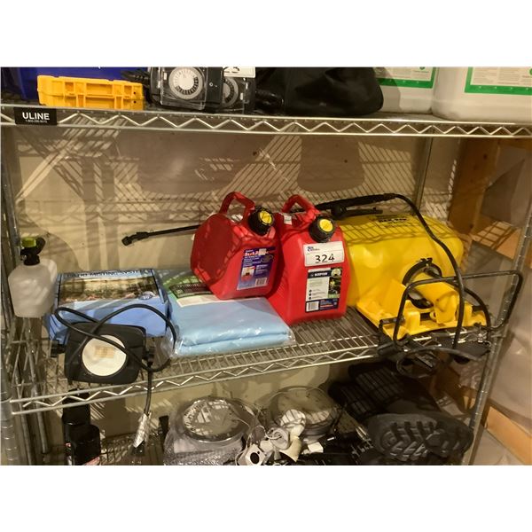 ASSORTED ITEMS INCLUDING; HUDSON COMMERCIAL BAK-PAK SPRAYER, 2 FUEL CANS, PATIO MISTING SYSTEM &