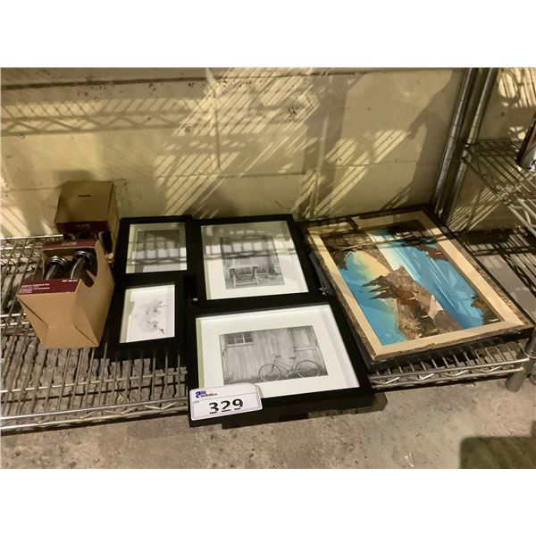 ASSORTED ITEMS INCLUDING; FRAMED ART, PICTURE FRAMES & 2 DRAPERY HOLDBACK SETS