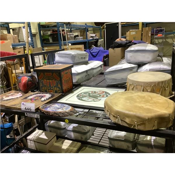 ASSORTED FIRST NATIONS ITEMS INCLUDING; DRUMS, PLAQUES, CARVED DECOR & MORE