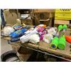 Image 2 : 2 SHELVES OF ASSORTED ITEMS INCLUDING; NERF & WATER GUNS, VINTAGE DESK LAMP, BINS OF ASSORTED ITEMS
