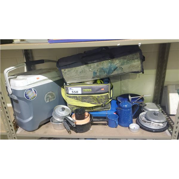 ASSORTED ITEMS INCLUDING; IGLOO COOLER, CAMPING COOKWARE, TENT & MORE