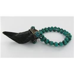 Vintage Tibet Carved Turquoise Bead and Silver Adorned Goat Horn Pendant Necklace (JEW-1407)
