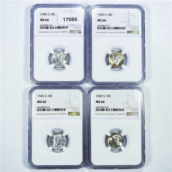 1945-S Set (4) Mercury Silver Dime NGC MS66