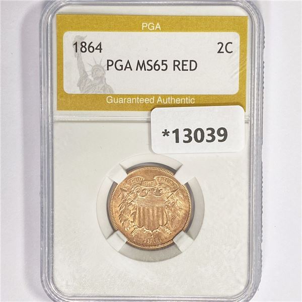 1864 Two Cent Piece PGA MS65 RED