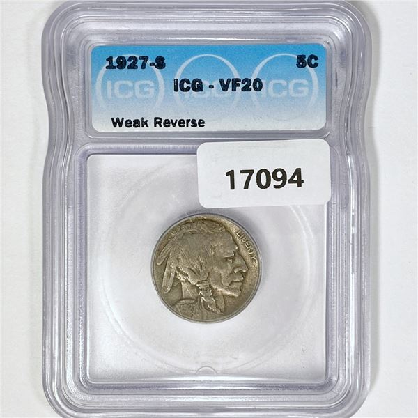 1927-S Buffalo Nickel ICG VF20 Weak Rev.