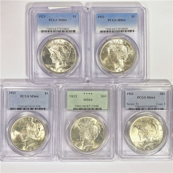 1923 Set (5) Silver Peace Dollar PCGS MS64