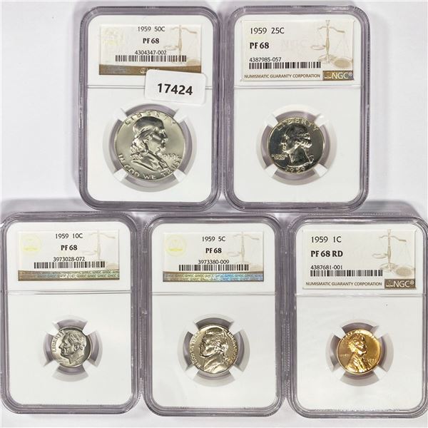 1959 Proof Set (5) 1C, 5C, 10C, 25C, 50C NGC PF68