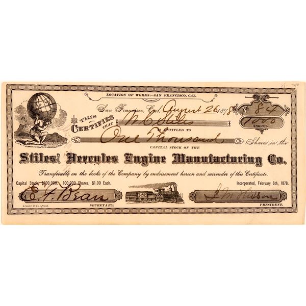 Stiles' Hercules Engine Manufacturing Company Stock Certificate [107786]