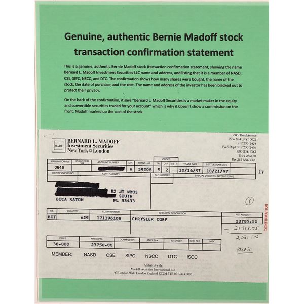 Bernard Madoff Investment Securities Stock Confirmation Slip- Market Fraudster [141426]