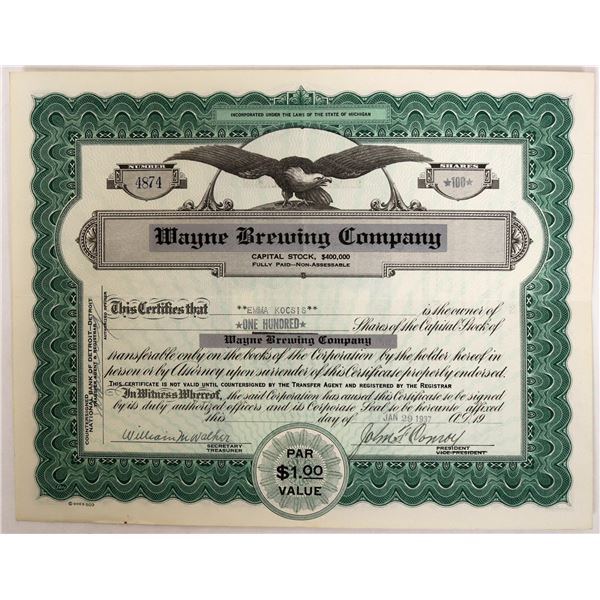 Wayne Brewing Company Stock - Post Prohibition Certificate [123262]