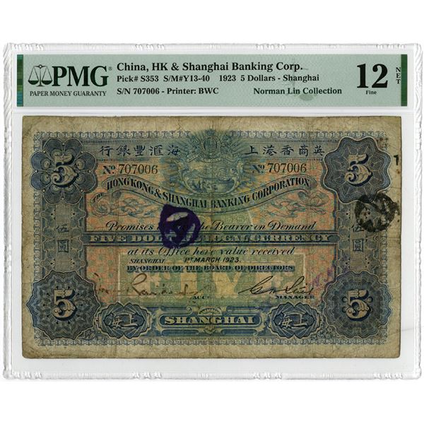 Hong Kong & Shanghai Banking Corp., 1923, "Shanghai" Branch Issue Banknote.