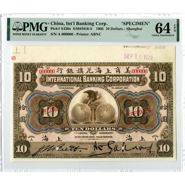 International Banking Corp, 1905, "Shanghai" Branch Issue Specimen Banknote