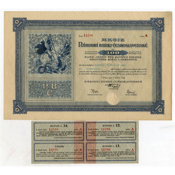 Czechoslovakia,  Narodni Banky Ceskoslovenská, 1926 I/U Gold Dollar Stock Certificate Rarity