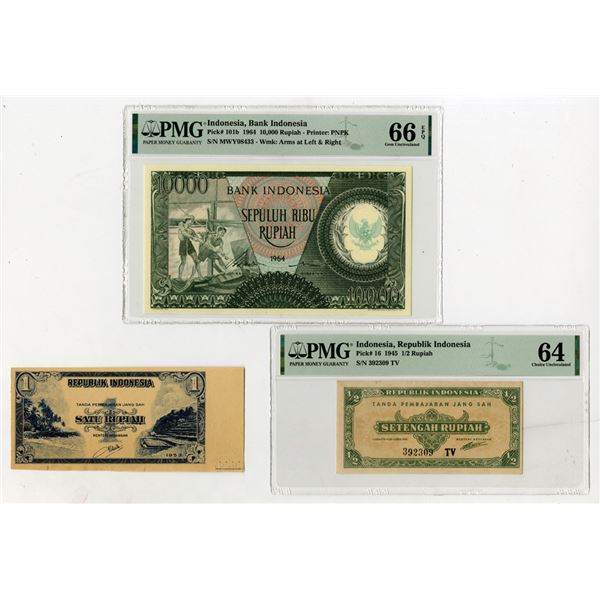 Indonesia Banknote Group of 3 Notes, 2 Issued Notes PMG graded and 1 Ungraded Proof Note, ca.1945-86