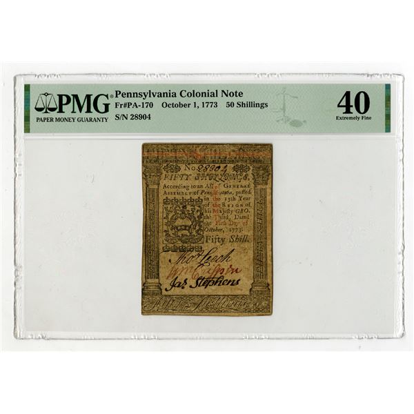 Pennsylvania, October 1, 1773, 50 Shillings, Fr#PA-170, PMG Extremely Fine 40.