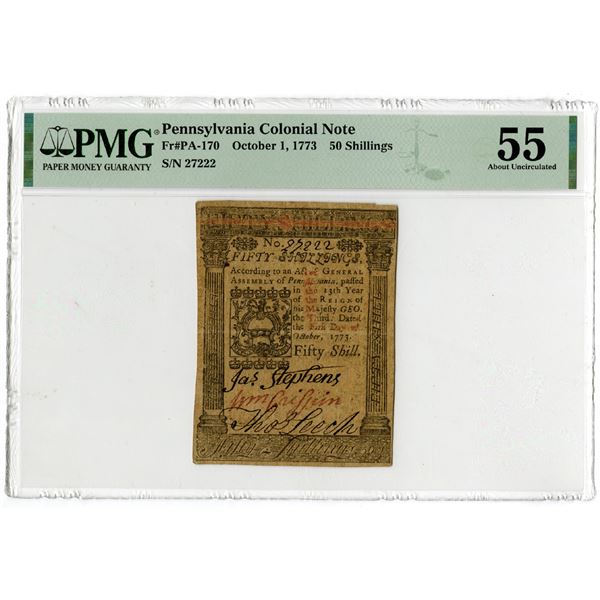Pennsylvania, 1773. 50 Shillings, Fr#PA-170, P-S2540H, Issued Colonial Banknote