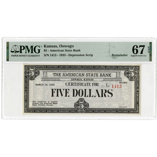 Oswego, Kansas. American State Bank, March 10, 1933 High Grade Depression Scrip