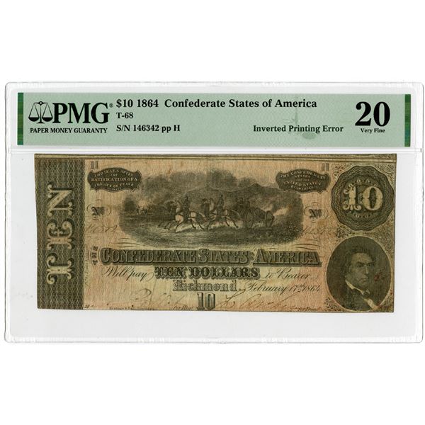 Confederate States of America, 1864, $10, T-68 Inverted Printing Error