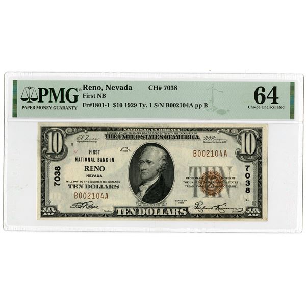 Reno, Nevada, First National Bank in Reno, $10, Series 1929, Ty.1, Fr#1801-1, Ch# 7038 Issue Banknot
