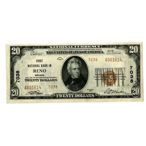 Nevada, First National Bank in Reno, $20, Series of 1929, T2, Ch# 7038, Issued Banknote.