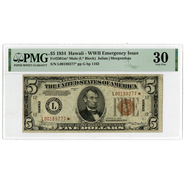 $5, 1934 Hawaii - WWII Emergency Issue, Fr#2301m* Mule - Replacement Banknote.