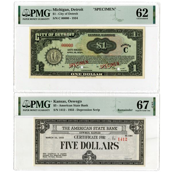 City of Detroit, 1934 $1 Specimen and Kansas, American State Bank and  Depression Scrip, 1934 Remain