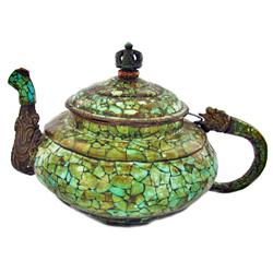 Tibet Vintage Turquoise Encrusted Copper Teapot (ANT-855)
