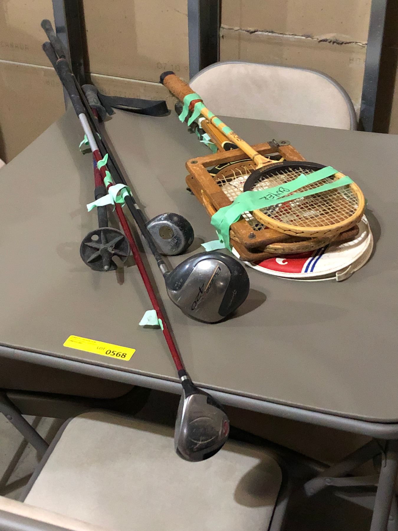 Set of 4 folding chairs w/ folding table/ golf clubs & assorted rackets