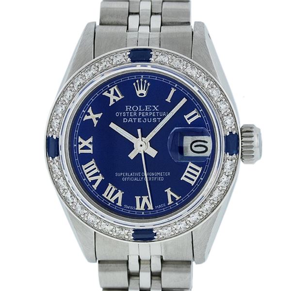 Rolex Ladies Stainless Steel Blue Diamond & Sapphire 26 Datejust Wristwatch