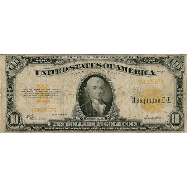 1922 $10 Gold Certificate Bank Note