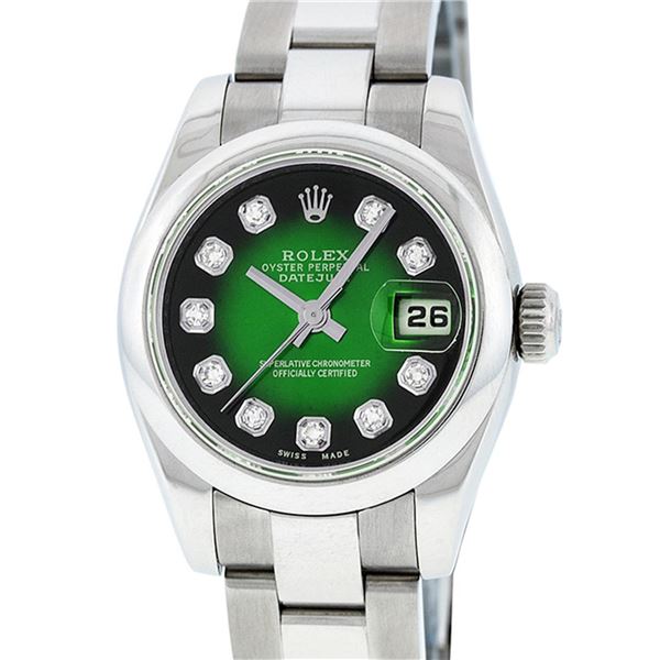 Rolex Ladies Stainless Steel Green Vignette Diamond Quickset Datejust Wristwatch