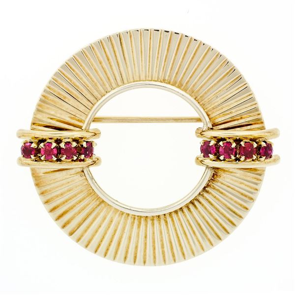 Retro Vintage 14k Yellow Gold 0.64 ctw Round Ruby Fluted Circle Wreath Brooch Pi